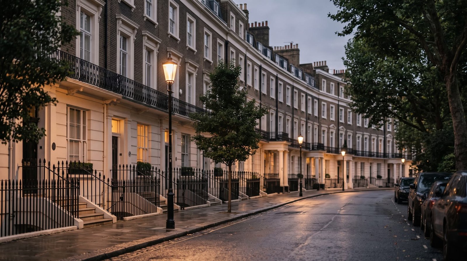 London terrace of white stucco houses at dusk with a lit street lamp