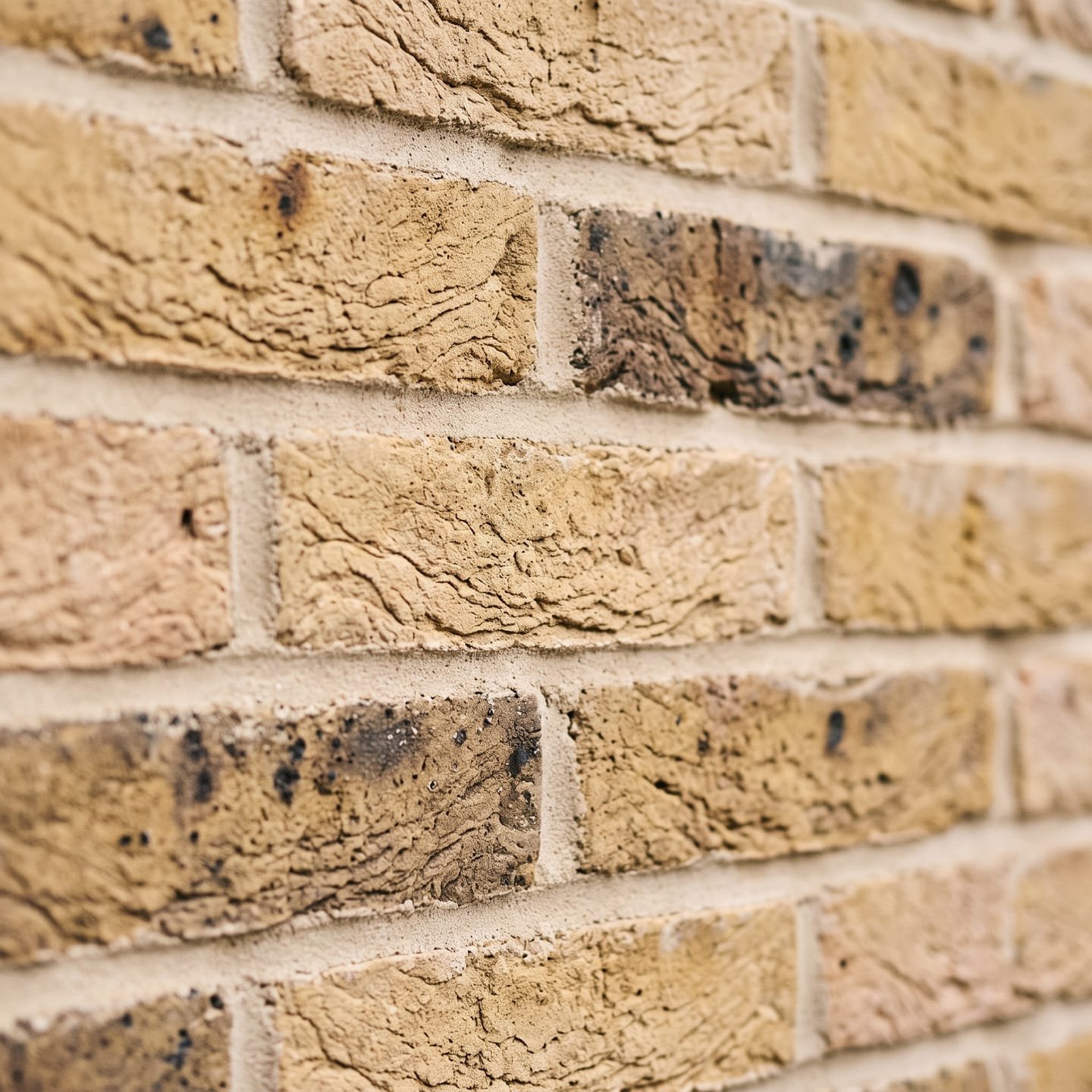 Close view of yellow stock brickwork with flush mortar joints
